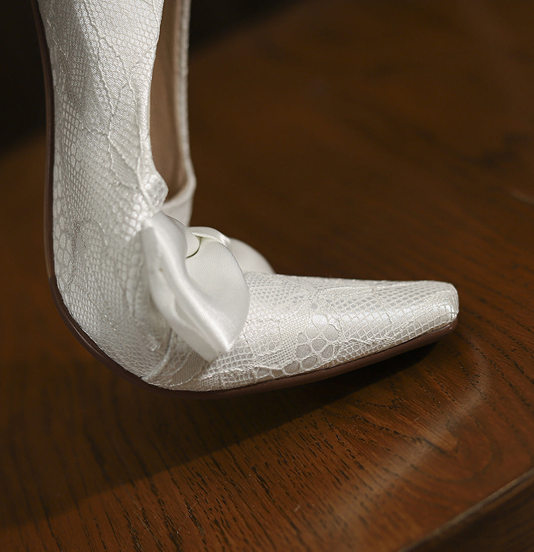Handmade Women's Satin Bowknot Slip On Stiletto Heel Bridal Weeding Pumps Shoes