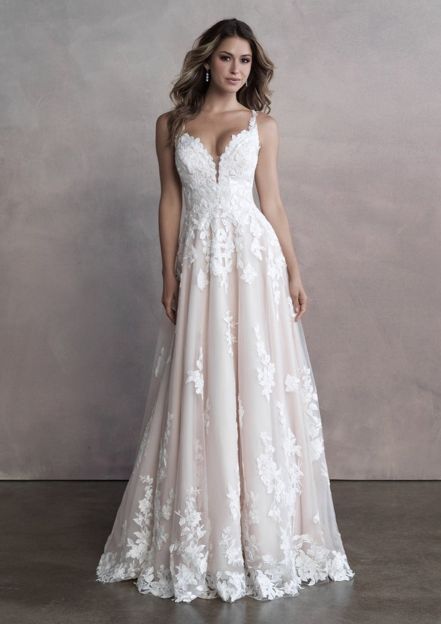 Nine Seven V-Neckline Backless Embroidered Lace Floor/ Sweep Train Straps Bridals Wedding Dress Customization