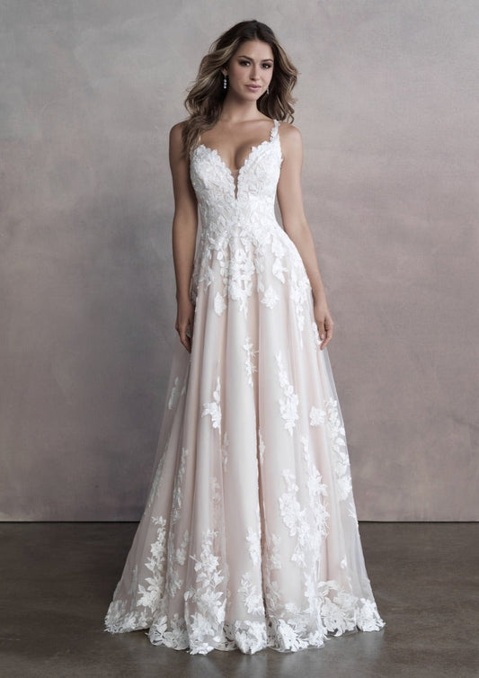 Nine Seven V-Neckline Backless Embroidered Lace Floor/ Sweep Train Straps Bridals Wedding Dress Customization