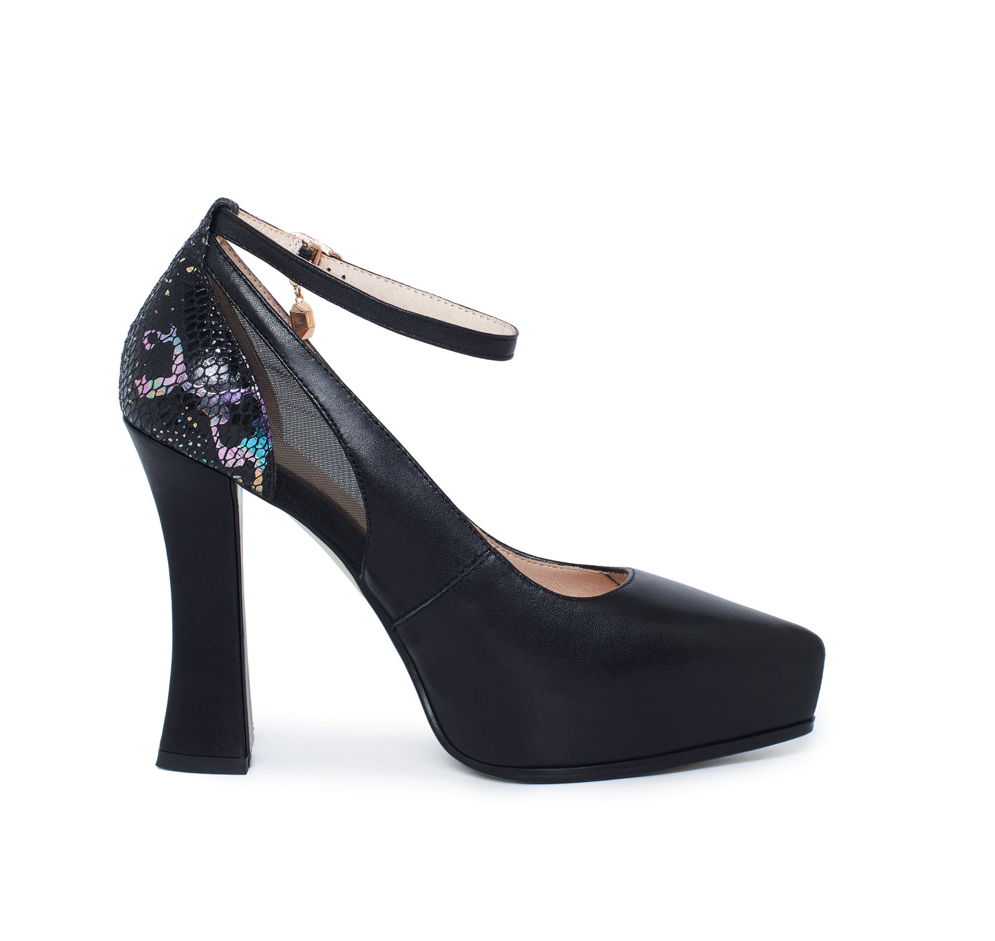 Nine Seven Women's Handmade Genuine Leather Sexy High Heel Platform Pointed Toe Glitter Pumps with Buckle and Pendant