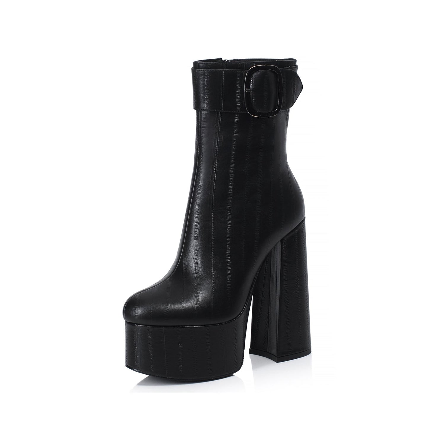 Nine Seven Women's Handmade Genuine Leather Round Toe Side Zip Up Sexy Supper High Chunky Heel Cool Buckle Black Calf High Boots with Platform