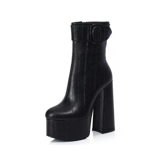 Nine Seven Women's Handmade Genuine Leather Round Toe Side Zip Up Sexy Supper High Chunky Heel Cool Buckle Black Calf High Boots with Platform