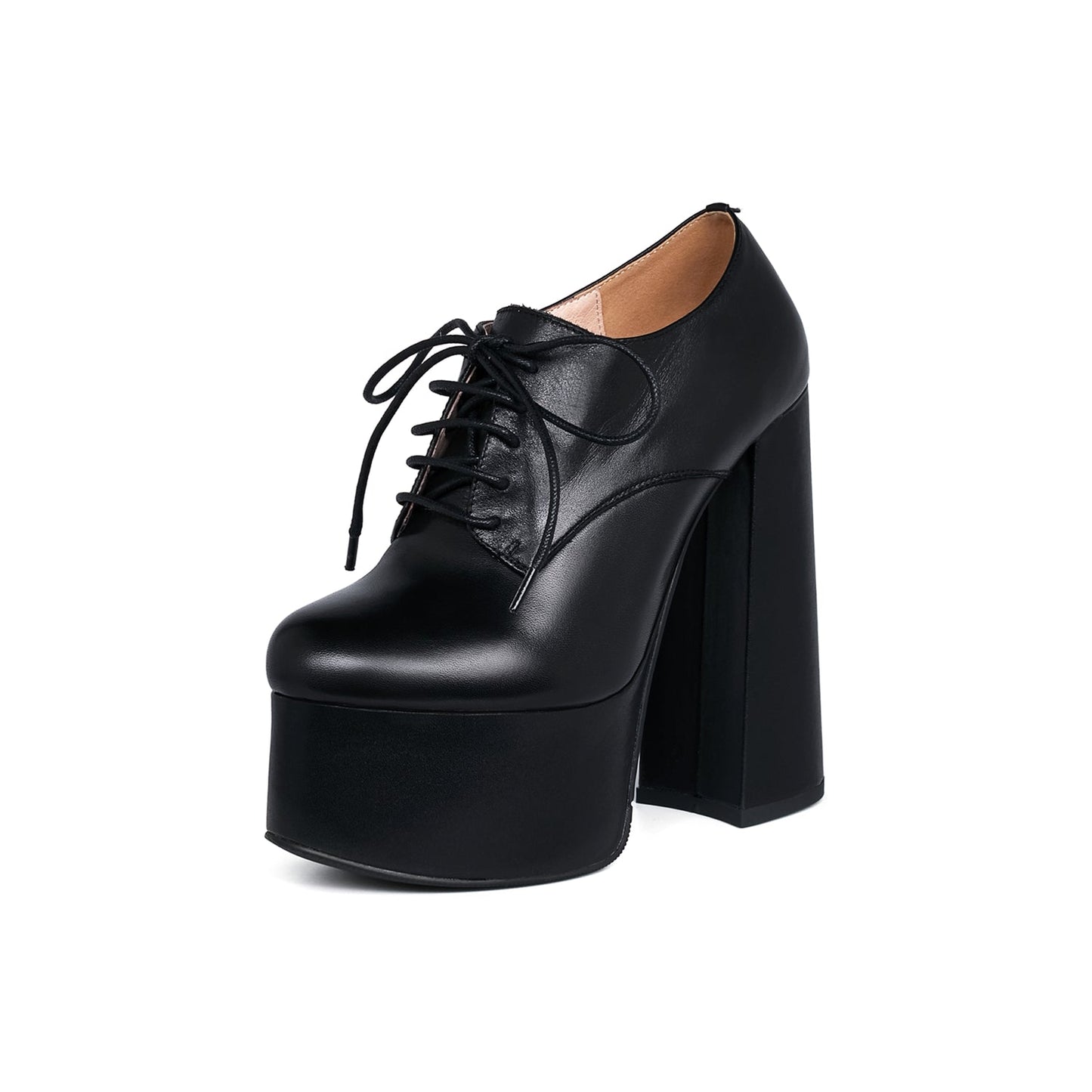 Nine Seven Women's Leather Handmade Pointed Toe Supper High Chunky Heel Lace Up Pump Shoes