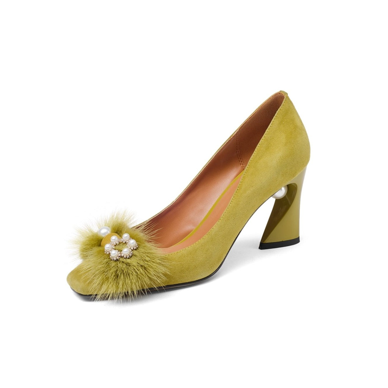 Nine Seven Suede Leather Square Toe Chunky High Heel Comfortable Pump