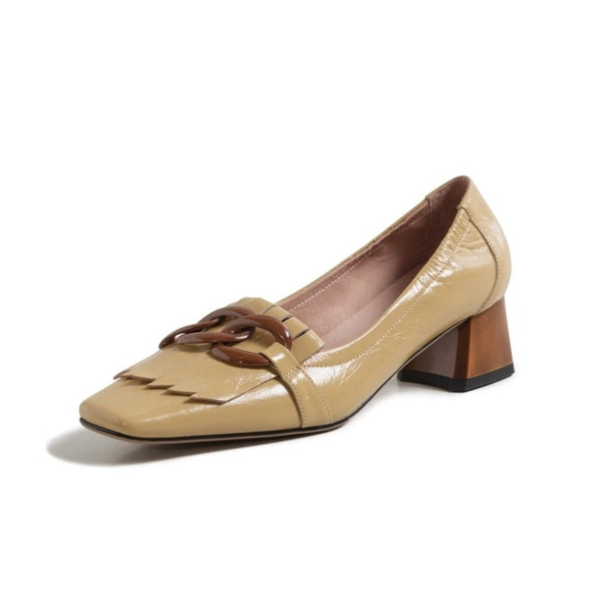 Nine Seven Women's Genuine Leather Square Handmade Tassels Chunky Heel Retro Loafers Shoes with Chain Decor