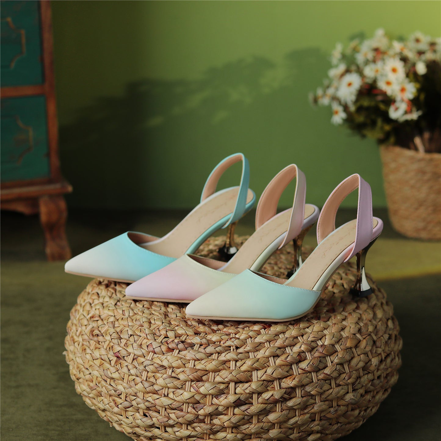 Graduated Colors Handmade Women's Pointed Toe High Heel Slingback Sandal Shoes