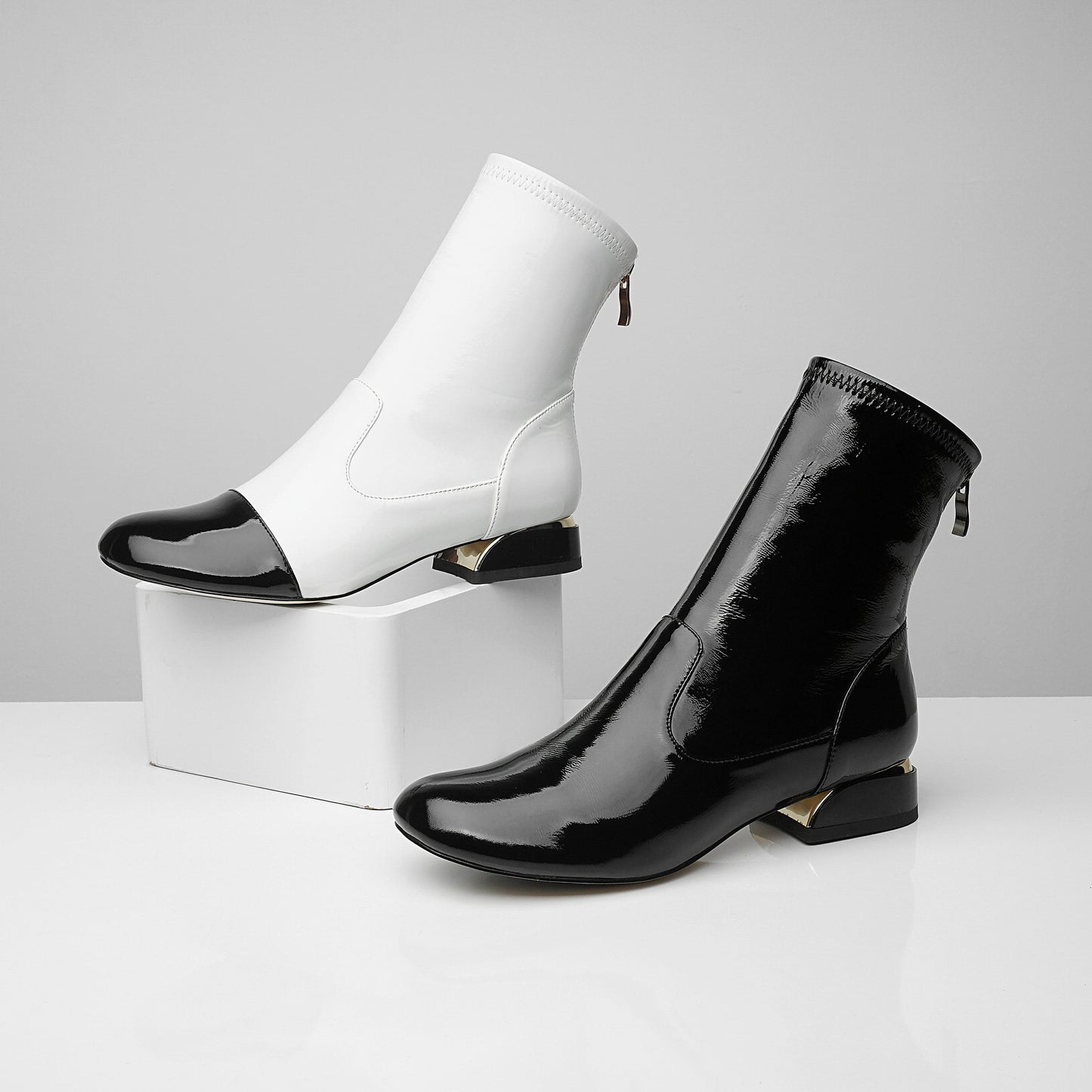 Nine Seven Women's Handmade Patent Leather Round Toe Comfort Flat Stylish Back Zipper Ankle Boots
