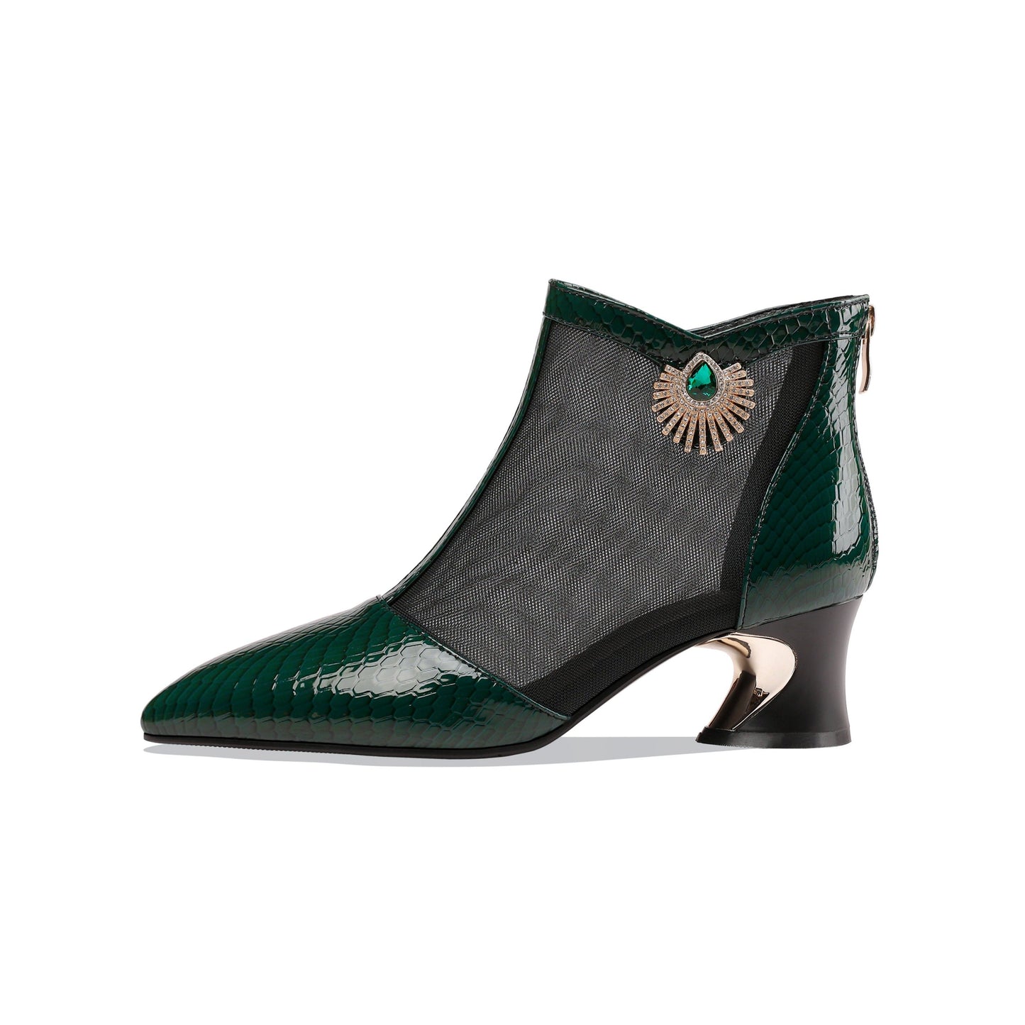 Nine Seven Women's Leather and Mesh Handmade Comfortable Spool Heel Back Zipper Pointy Toe Ankle Boots with Rhinestone and Crystal