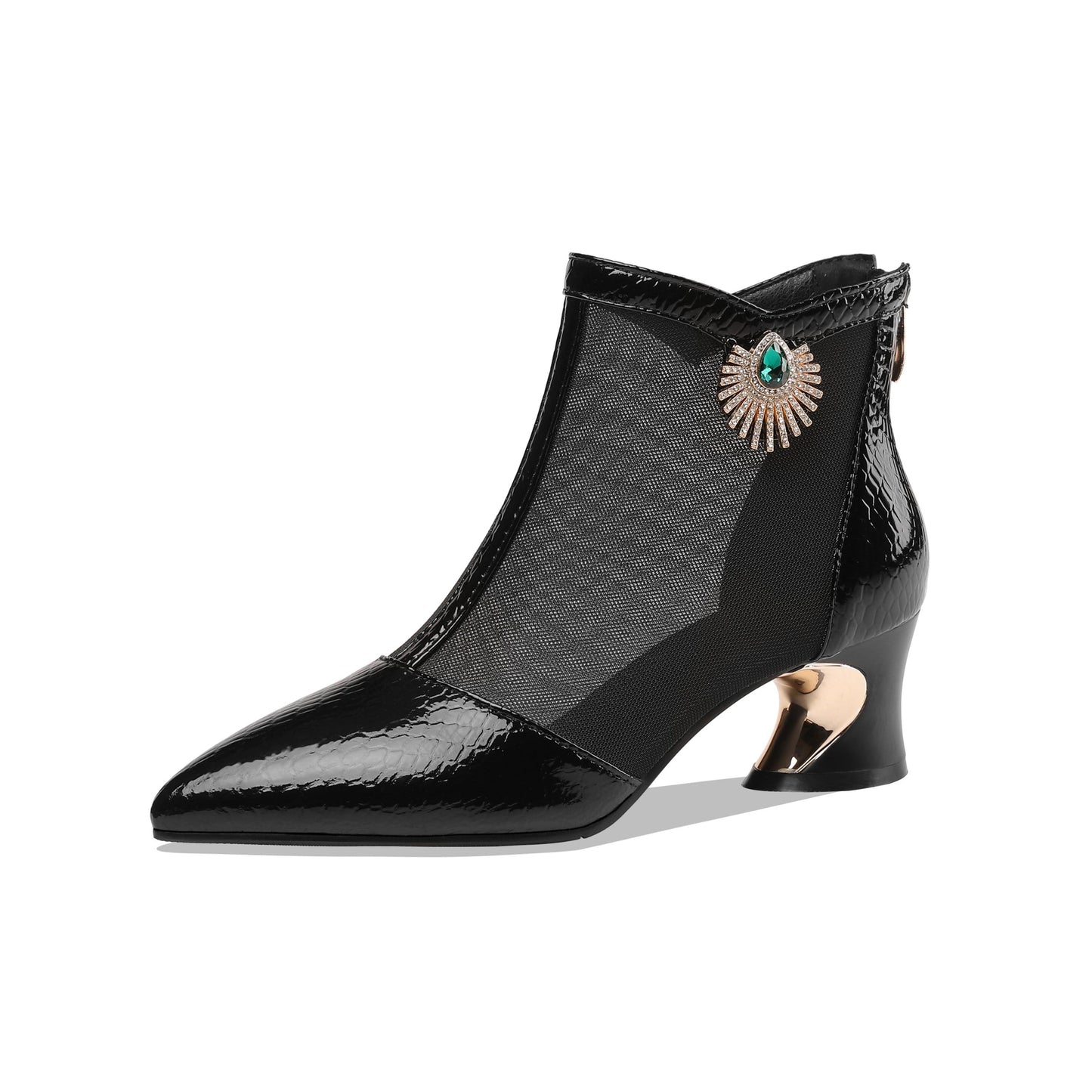 Nine Seven Women's Leather and Mesh Handmade Comfortable Spool Heel Back Zipper Pointy Toe Ankle Boots with Rhinestone and Crystal
