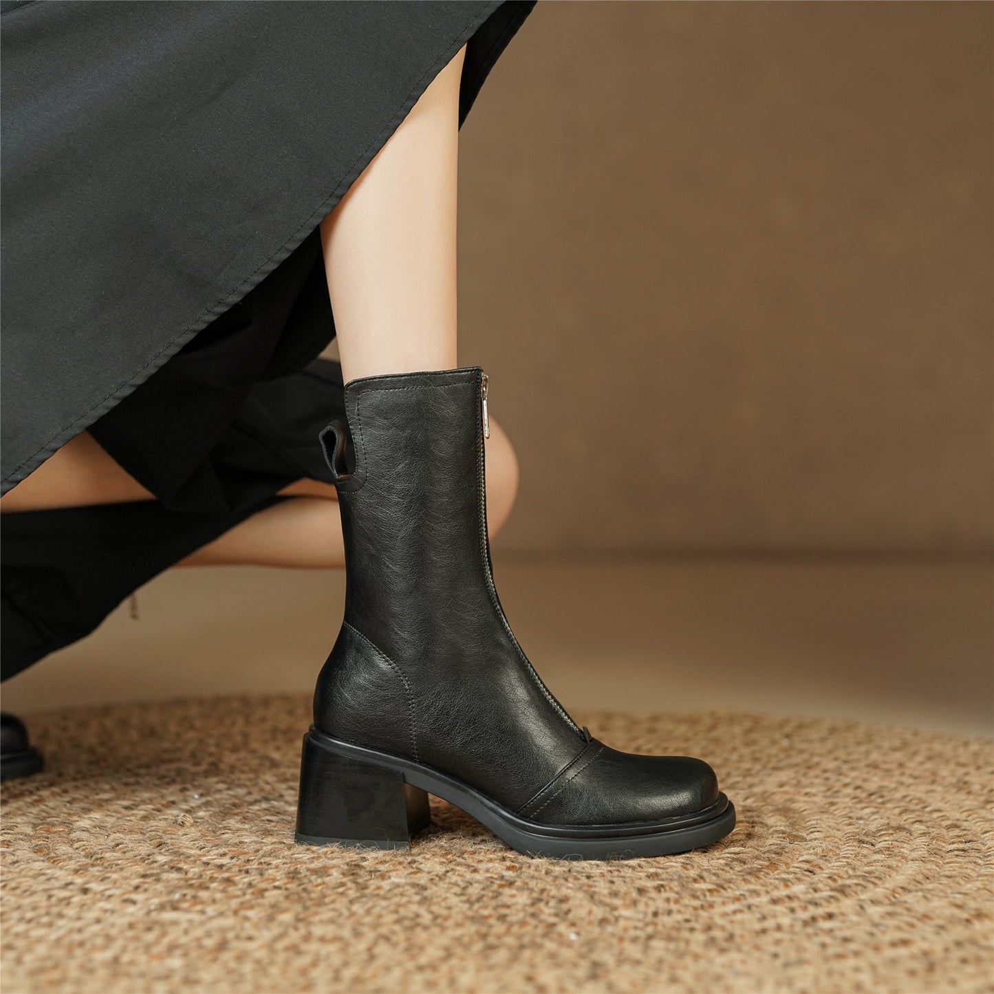 Nine Seven Handmade Women's Genuine Leather Front Zipper Square Toe Mid Chunky Heel Ankle Boots Shoes