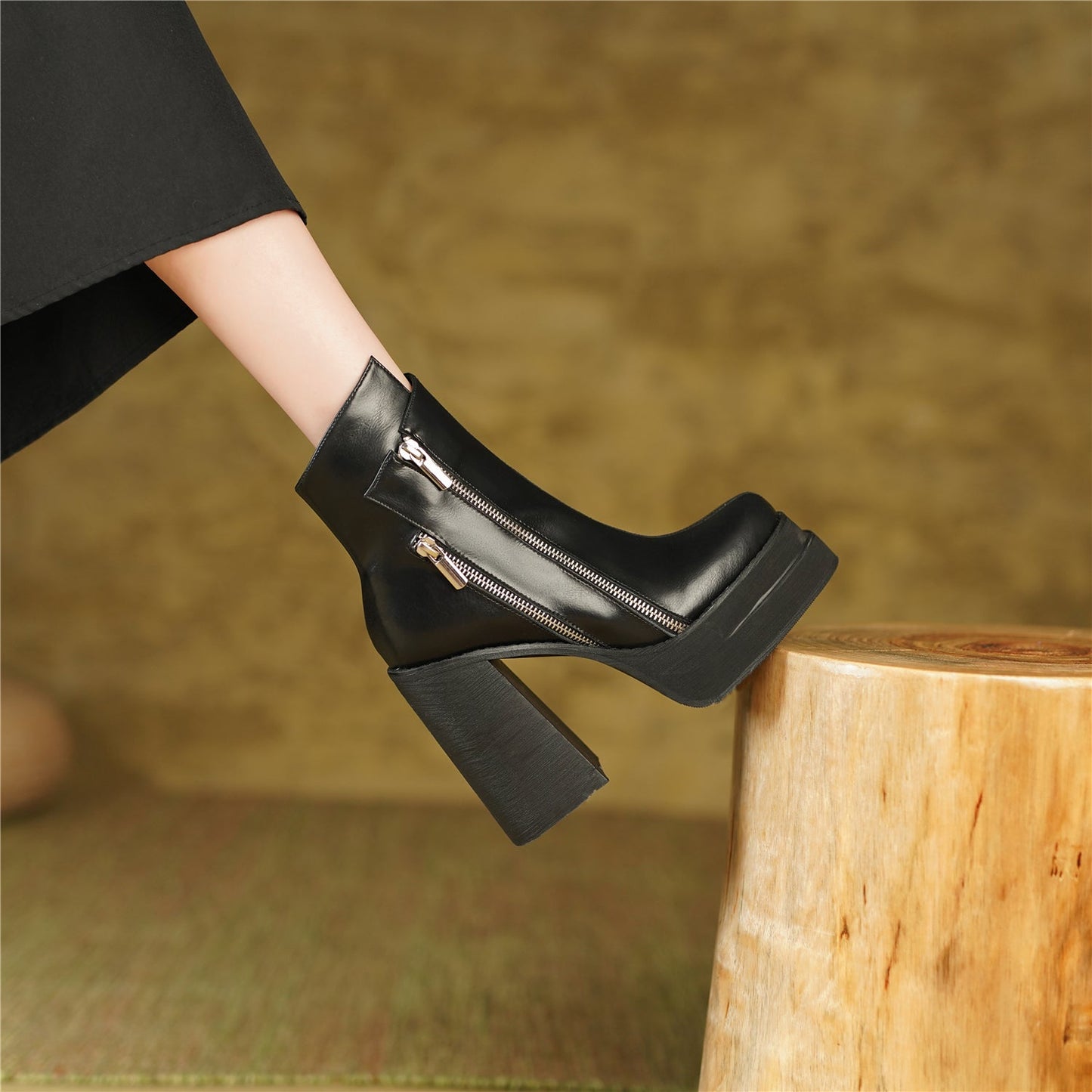 Nine Seven Handmade Women's Genuine Leather Stylish Side Zipper Platform Square Toe Mid High Heel Ankle Boots Shoes