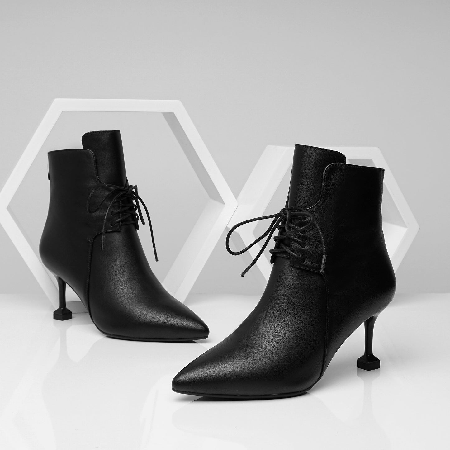 Nine Seven Women's Genuine Leather Pointed Toe Lace Up Back Zip Handmade Stiletto Heel Fashion Ankle Boots