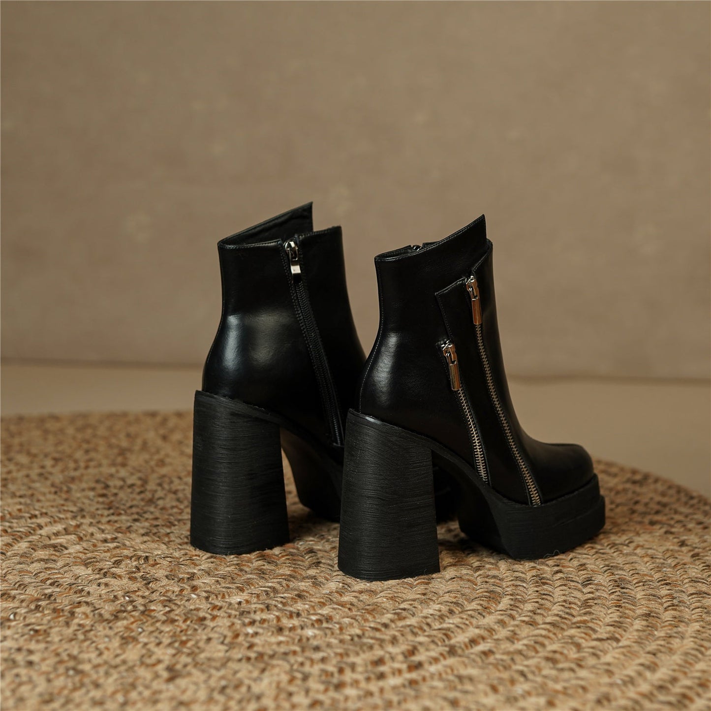 Nine Seven Handmade Women's Genuine Leather Stylish Side Zipper Platform Square Toe Mid High Heel Ankle Boots Shoes
