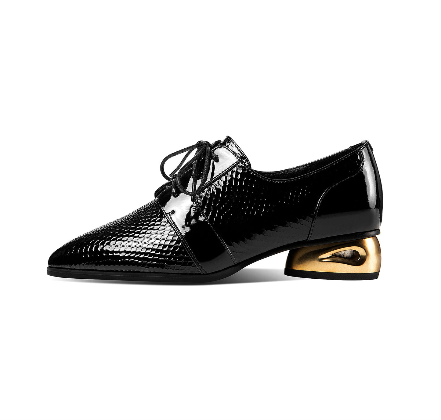 Nine Seven Women's Patent Leather Handmade Pointed Toe Low Golden Chunky Heel Lace Up Scale Classic Pumps