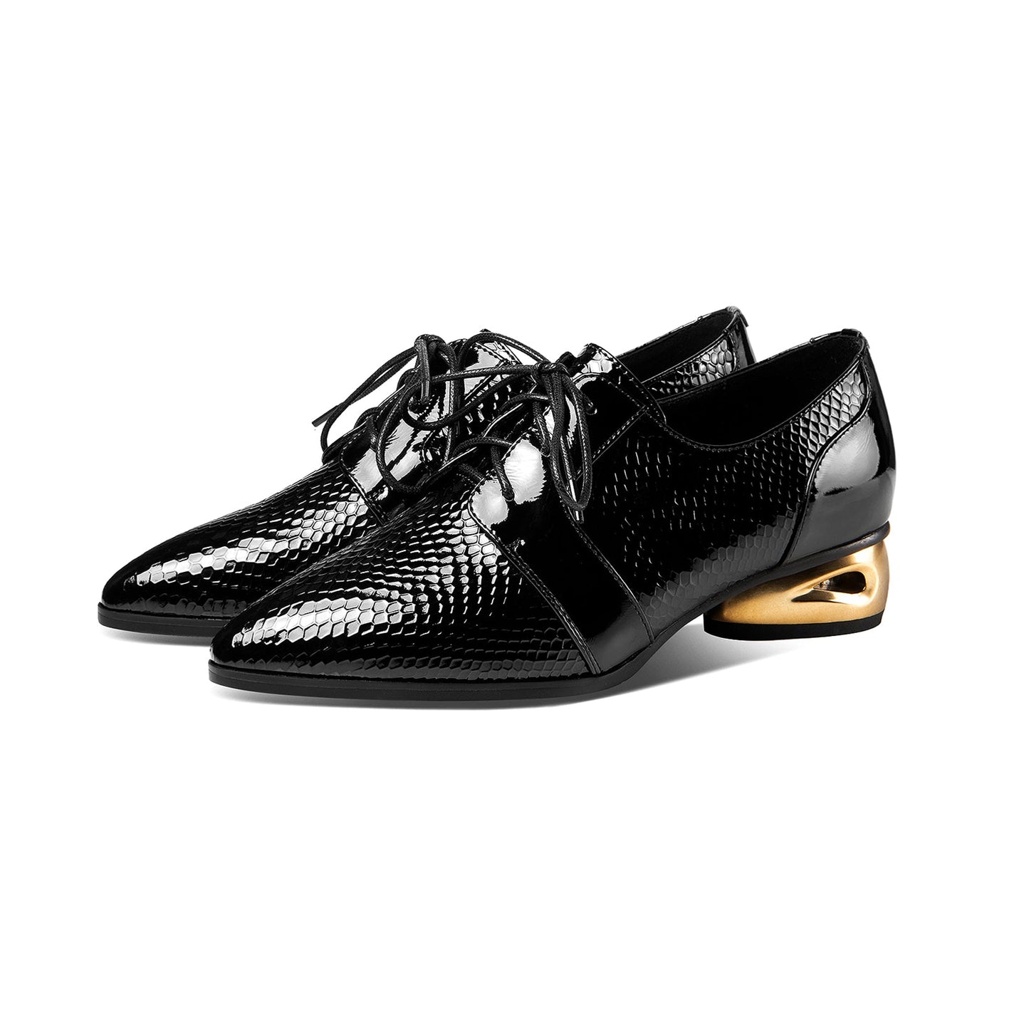 Nine Seven Women's Patent Leather Handmade Pointed Toe Low Golden Chunky Heel Lace Up Scale Classic Pumps