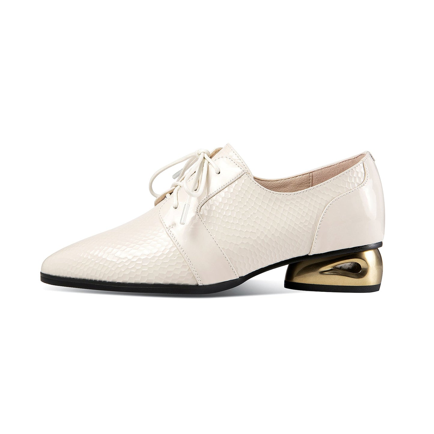 Nine Seven Women's Patent Leather Handmade Pointed Toe Low Golden Chunky Heel Lace Up Scale Classic Pumps