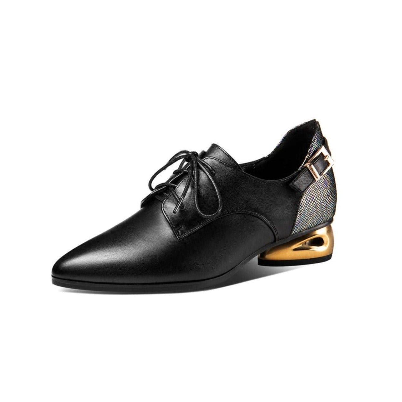 Nine Seven Women's Genuine Leather Handmade Comfortable Low Golden Block Heel Pointed Toe Lace Up Oxford Pumps with Buckle Decor