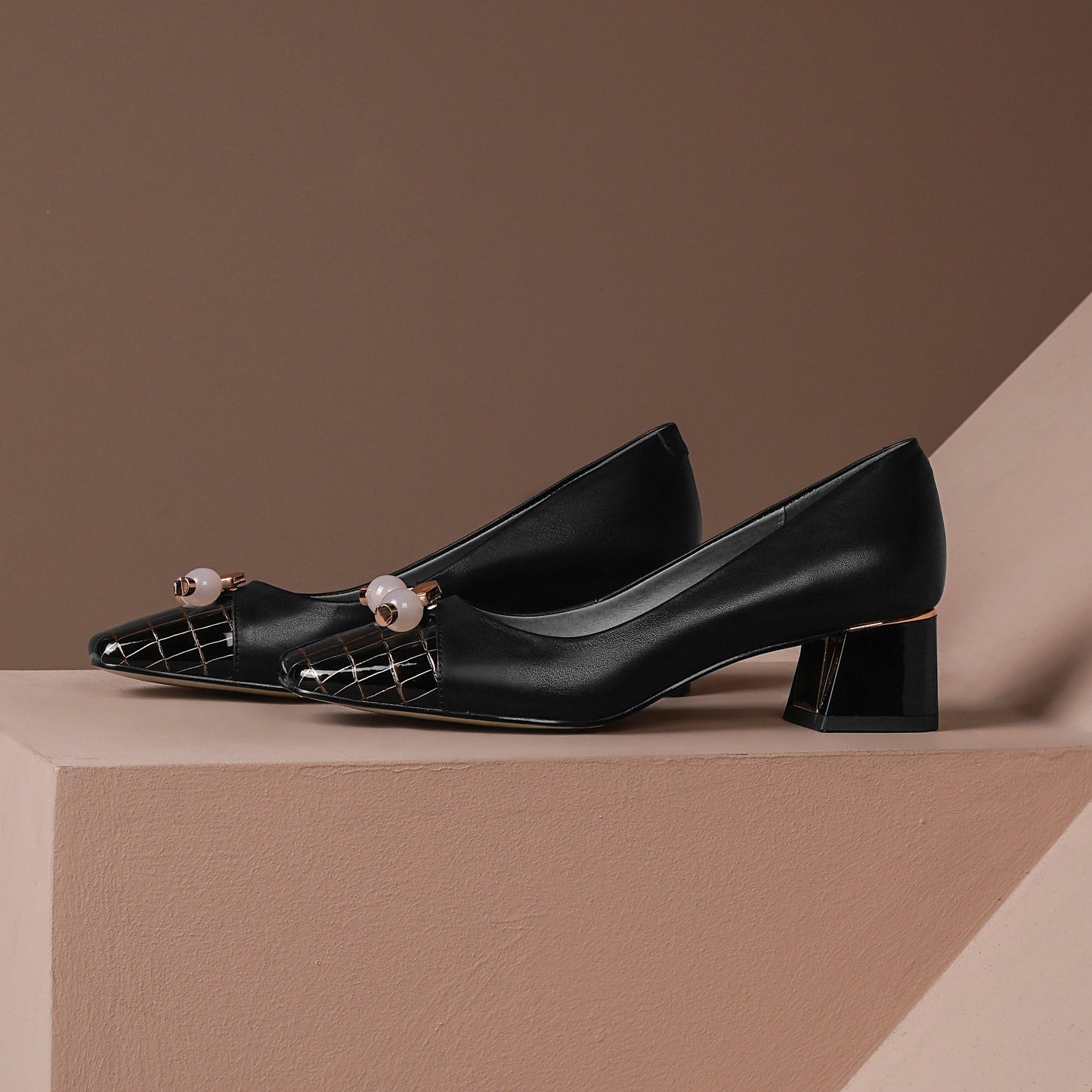 Nine Seven Genuine Leather Women's Glossy Square Toe Handmade Comfortable Low Block Heel Slip On Modern Pump Shoes