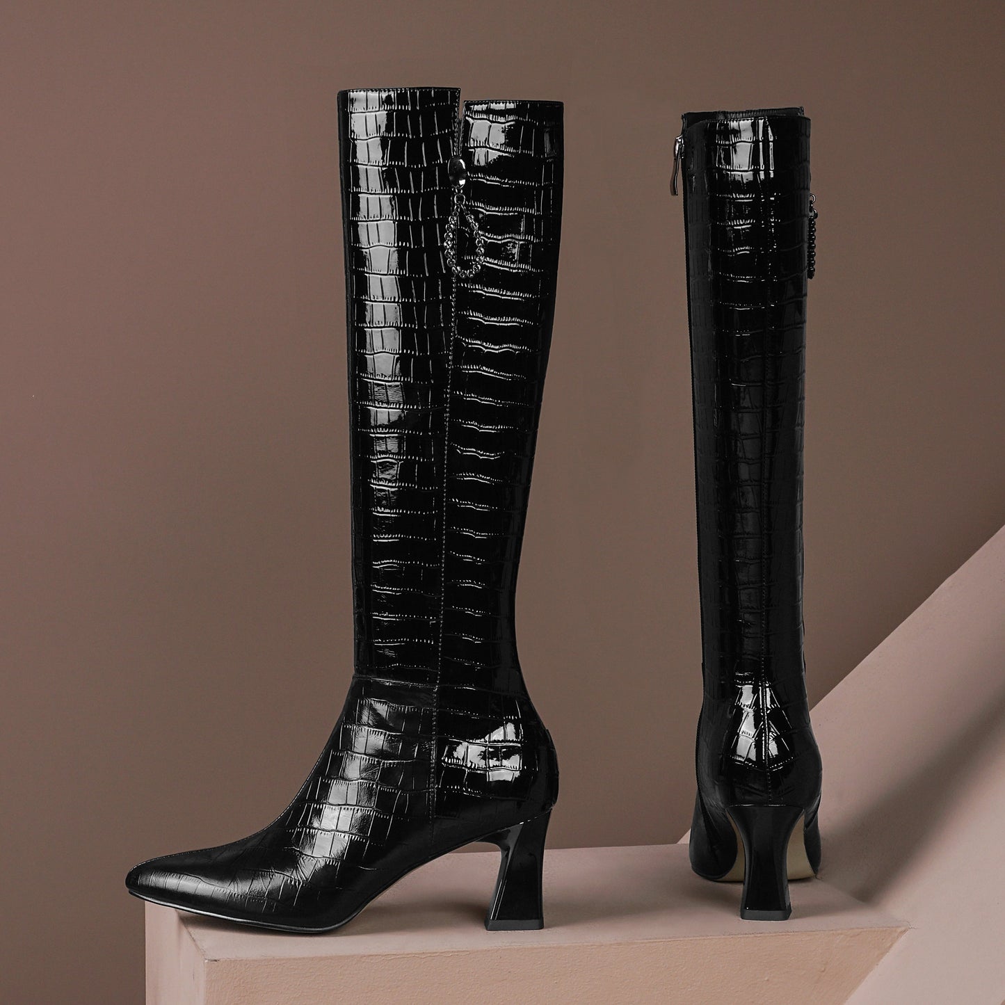 Nine Seven Women's Handmade Embossed Genuine Leather Clear Pointed Toe Mid Spool Heel Side Zip Up Classic Black Knee High Boots