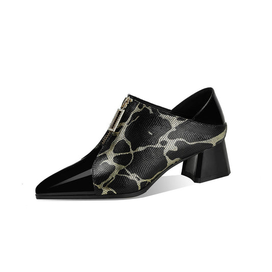 Nine Seven Women's Pointed Toe Genuine Leather Handmade Front Zipper Low Chunky Heels Stylish Pumps Shoes