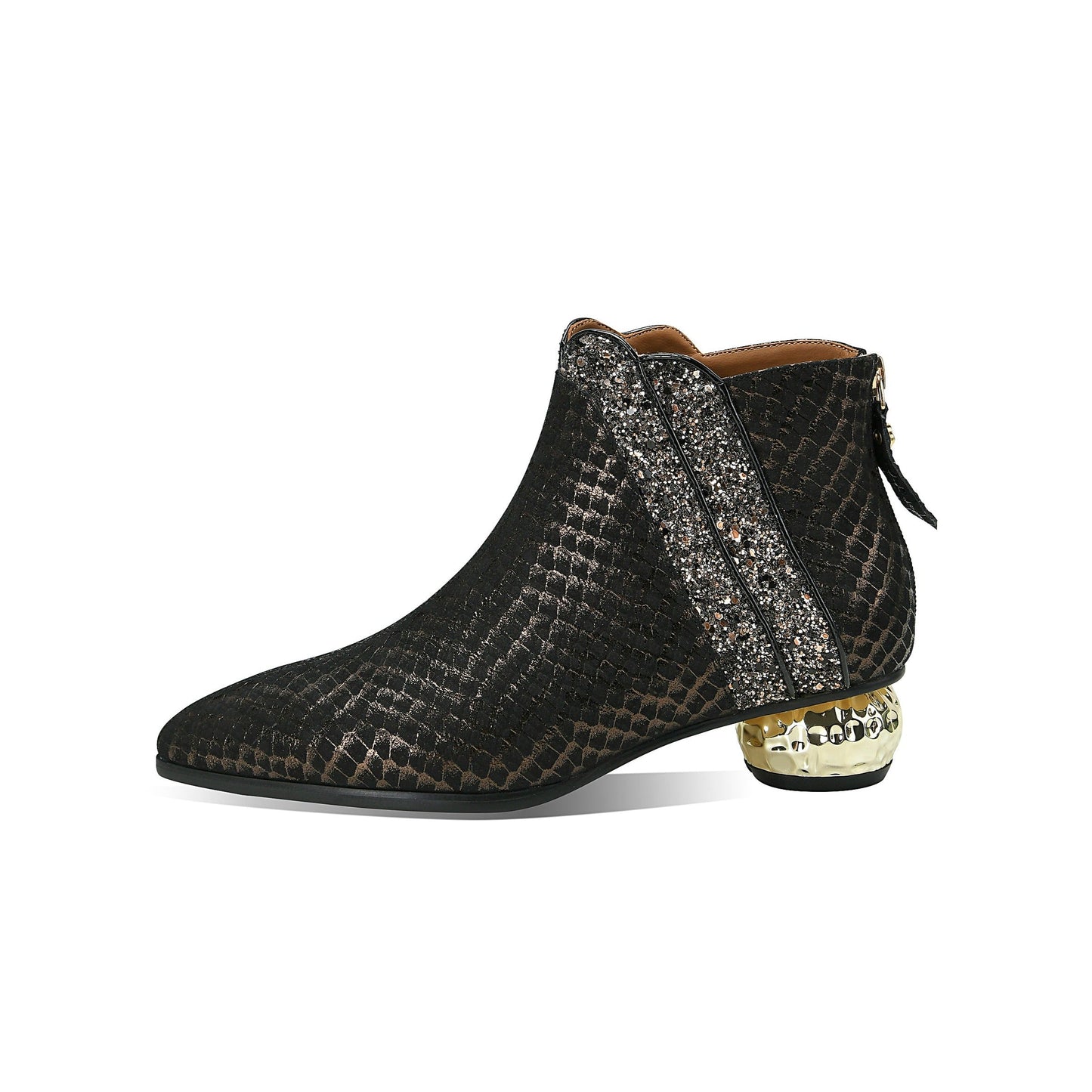 Nine Seven Women's Pointed Toe Genuine Leather Handmade Back Zipper Low Chunky Heels Stylish Ankle Boots