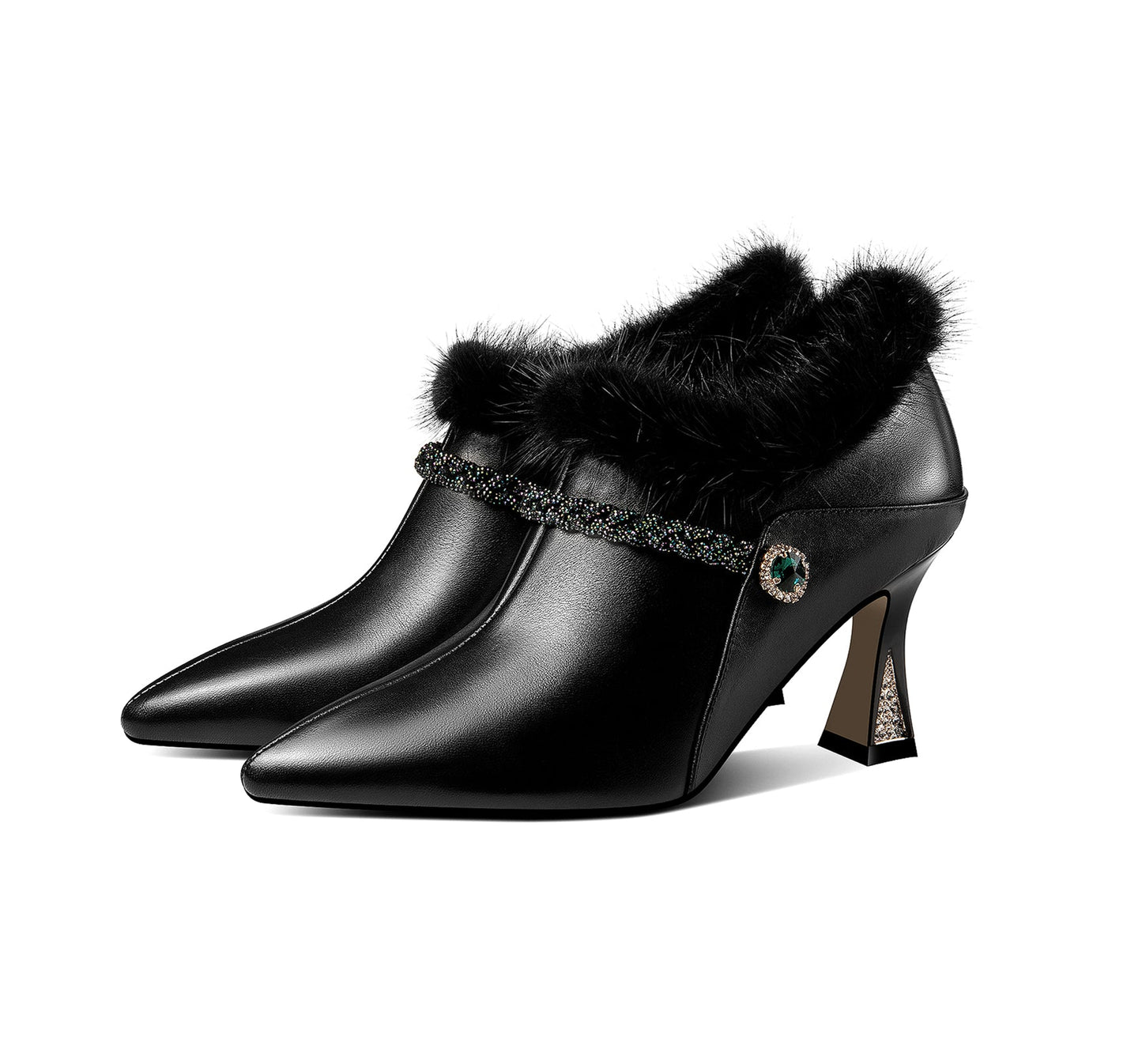 Nine Seven Women's Handmade Genuine Leather and Fur Side Zip Up High Heel Pointed Toe Oxford Pumps with Green Crystal Decor