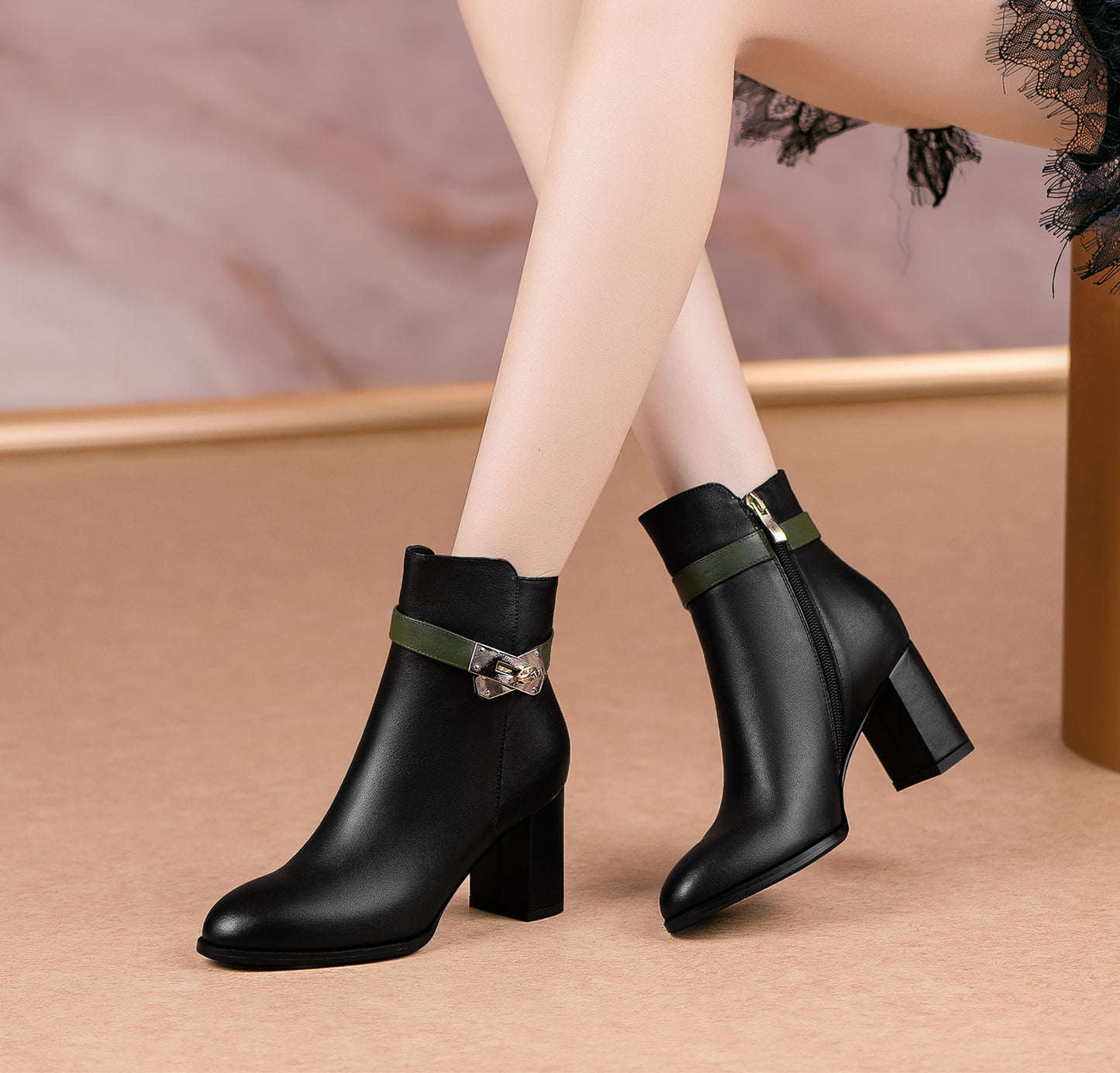 Nine Seven Women's Genuine Leather Handmade Stylish Chunky Heel Side Zip Up Belt Design Ankle Booties