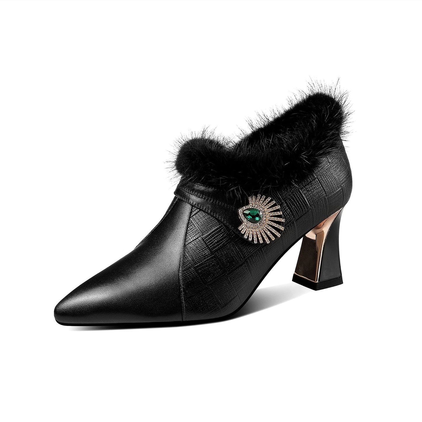Nine Seven Women's Handmade Genuine Leather Comfortable Spool Heel Pointed Toe Side Zip Up Glitter Grystal Oxford Pumps with Warm Fur