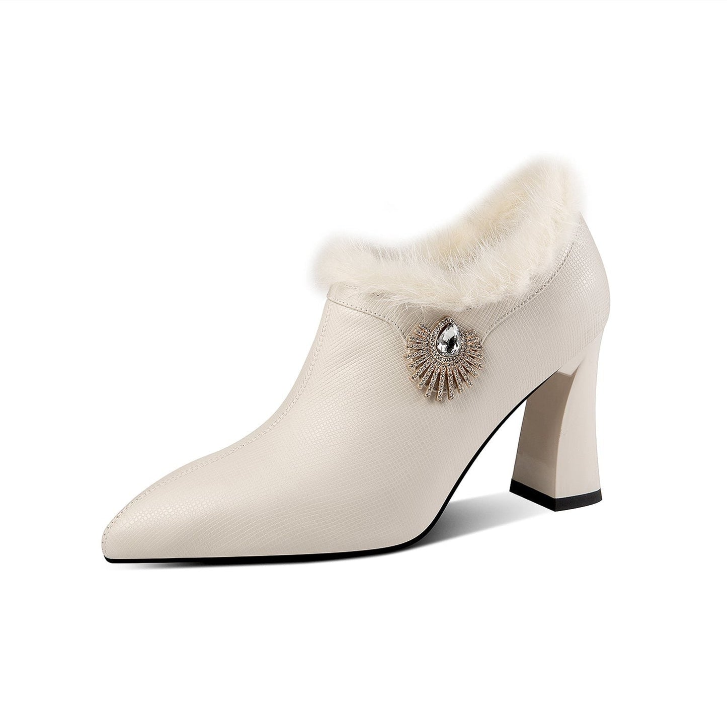 Nine Seven Women's Handmade Genuine Leather High Heel Side Zip Up Pointed Toe Fur and Rhinestone Decor Oxford Pump Shoes