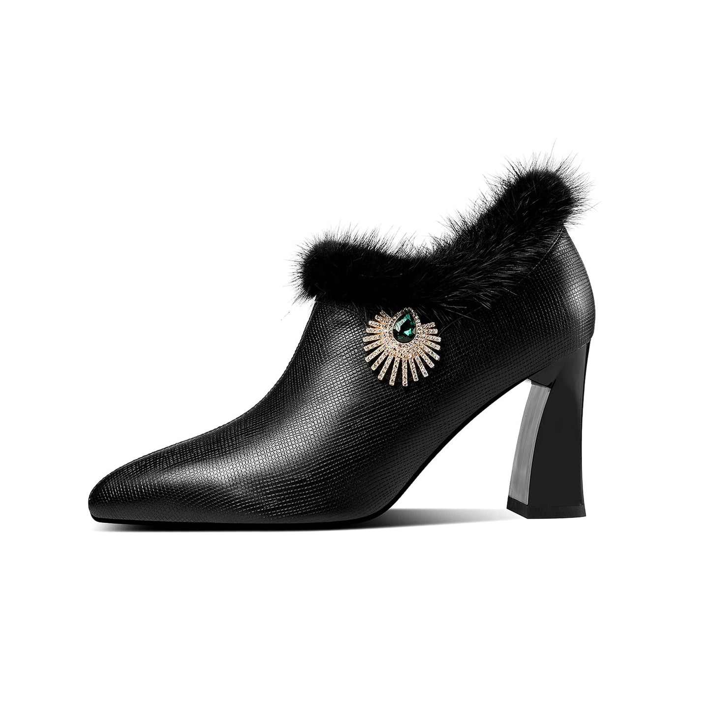Nine Seven Women's Handmade Genuine Leather High Heel Side Zip Up Pointed Toe Fur and Rhinestone Decor Oxford Pump Shoes