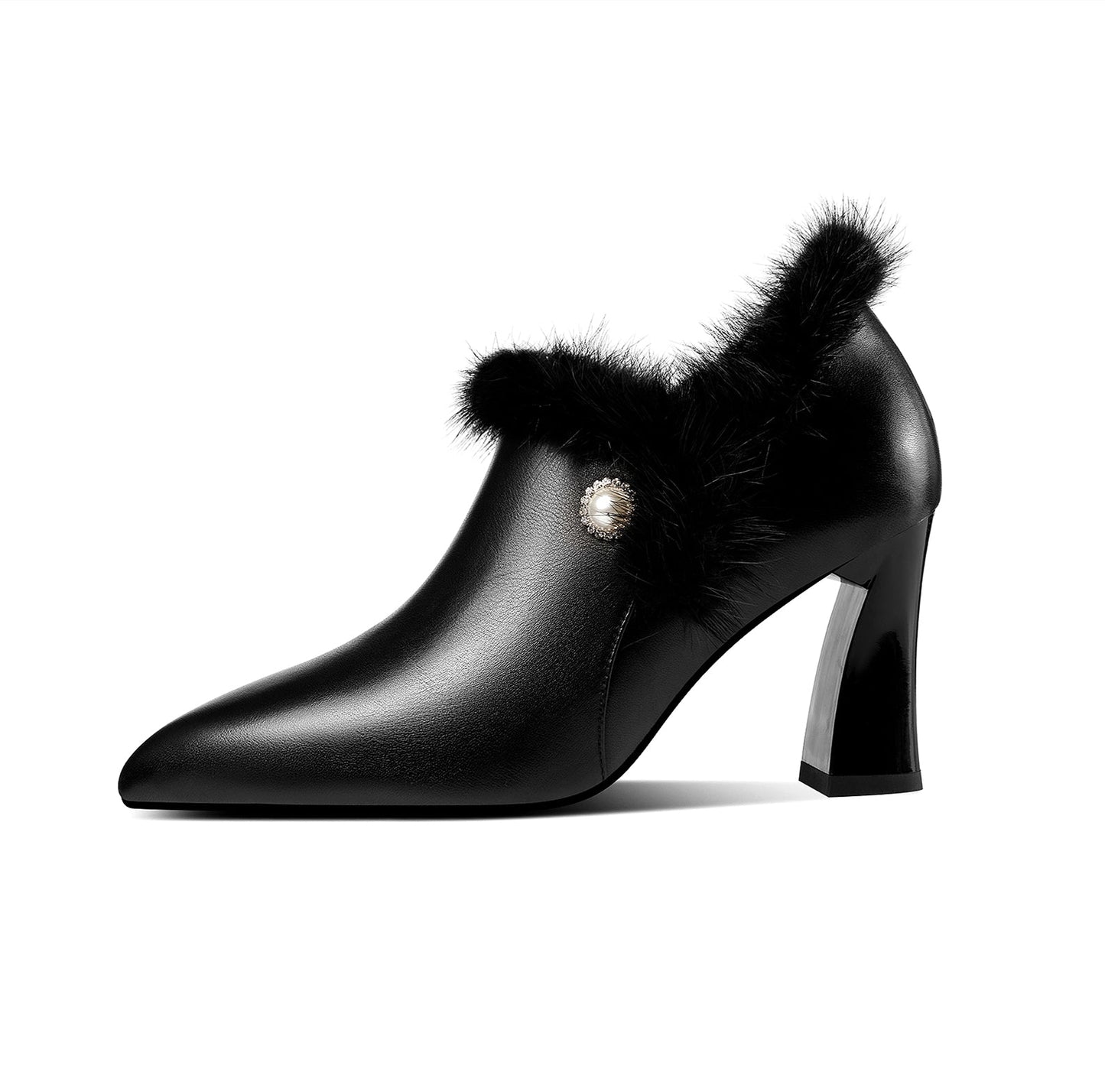 Nine Seven Women's Handmade Genuine Leather and Fur High Heel Side Zip Up Pointed Toe Elegant Oxford Pumps