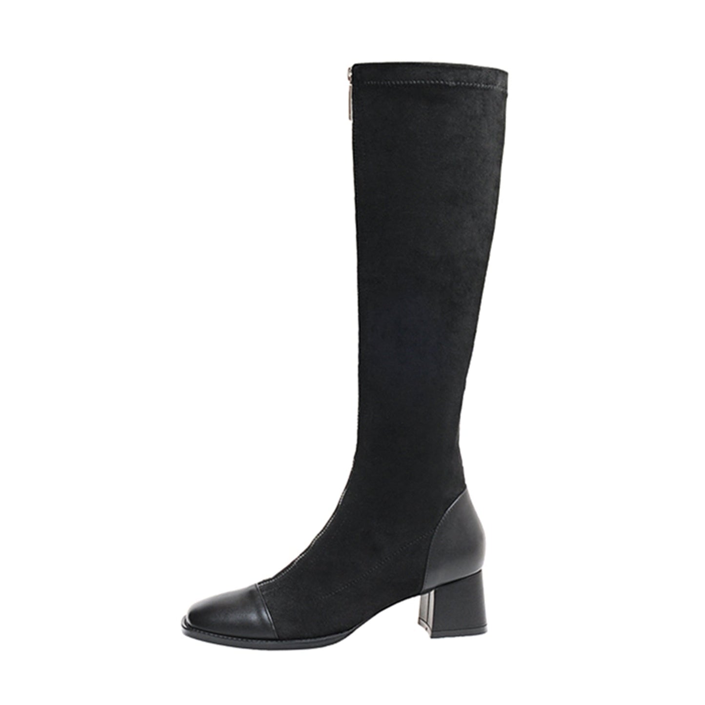 Nine Seven Women's Stretch Fabric Handmade Cap Toe Fashion Front Zipper Comfort Low Chunky Heel Knee High Boots