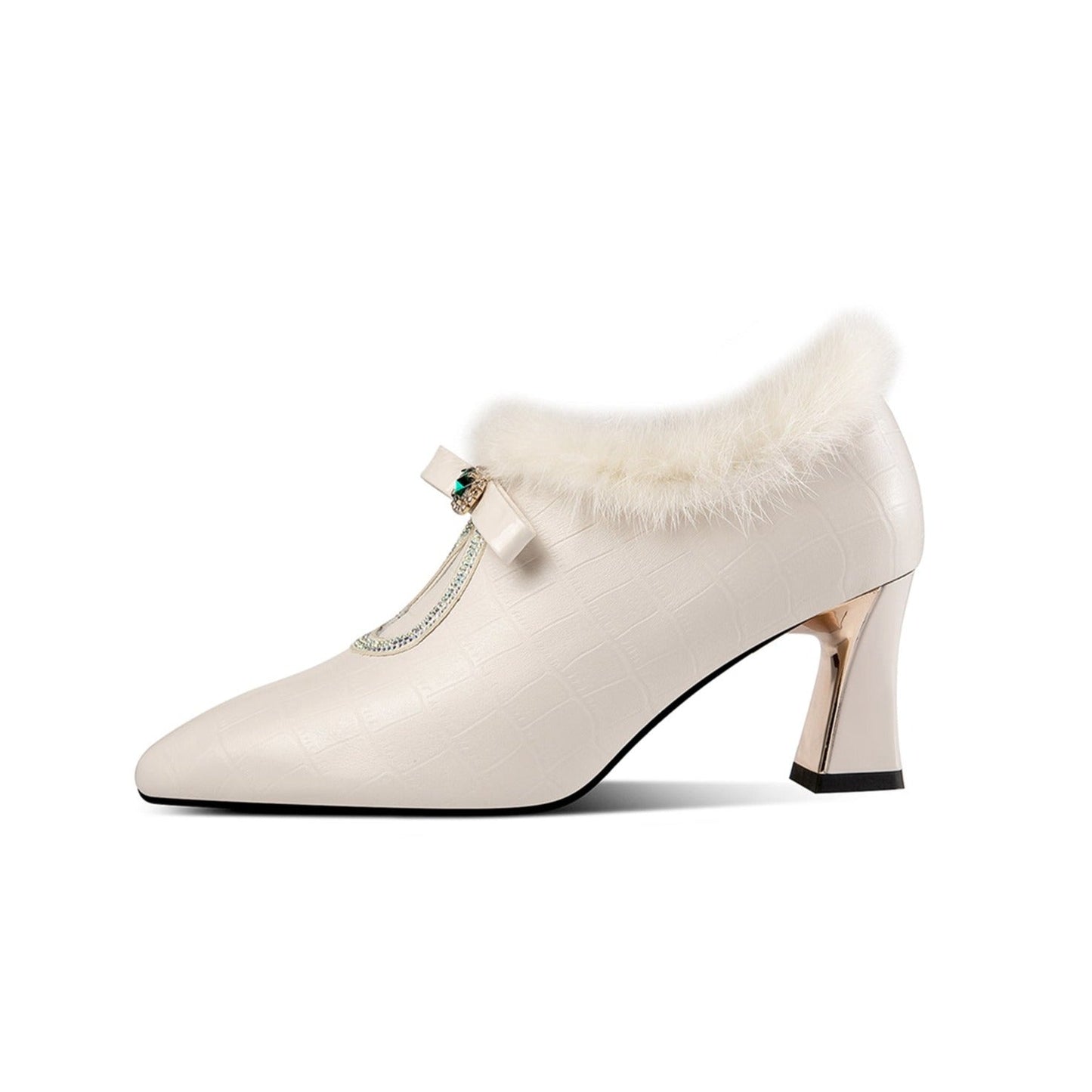Nine Seven Genuine Leather Women's Handmade Elegant Mid Heel Side Zip Up Fur Decor Oxford Pumps with Boetie