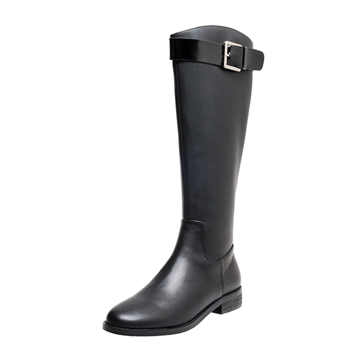 Nine Seven Women's Handmade Genuine Leather Round Toe Low Block Heel Side Zip Up Patent Belt Decor Knee High Riding Boots