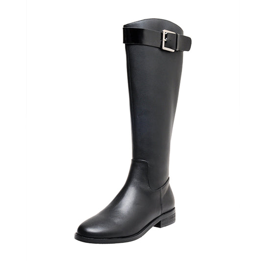 Nine Seven Women's Handmade Genuine Leather Round Toe Low Block Heel Side Zip Up Patent Belt Decor Knee High Riding Boots