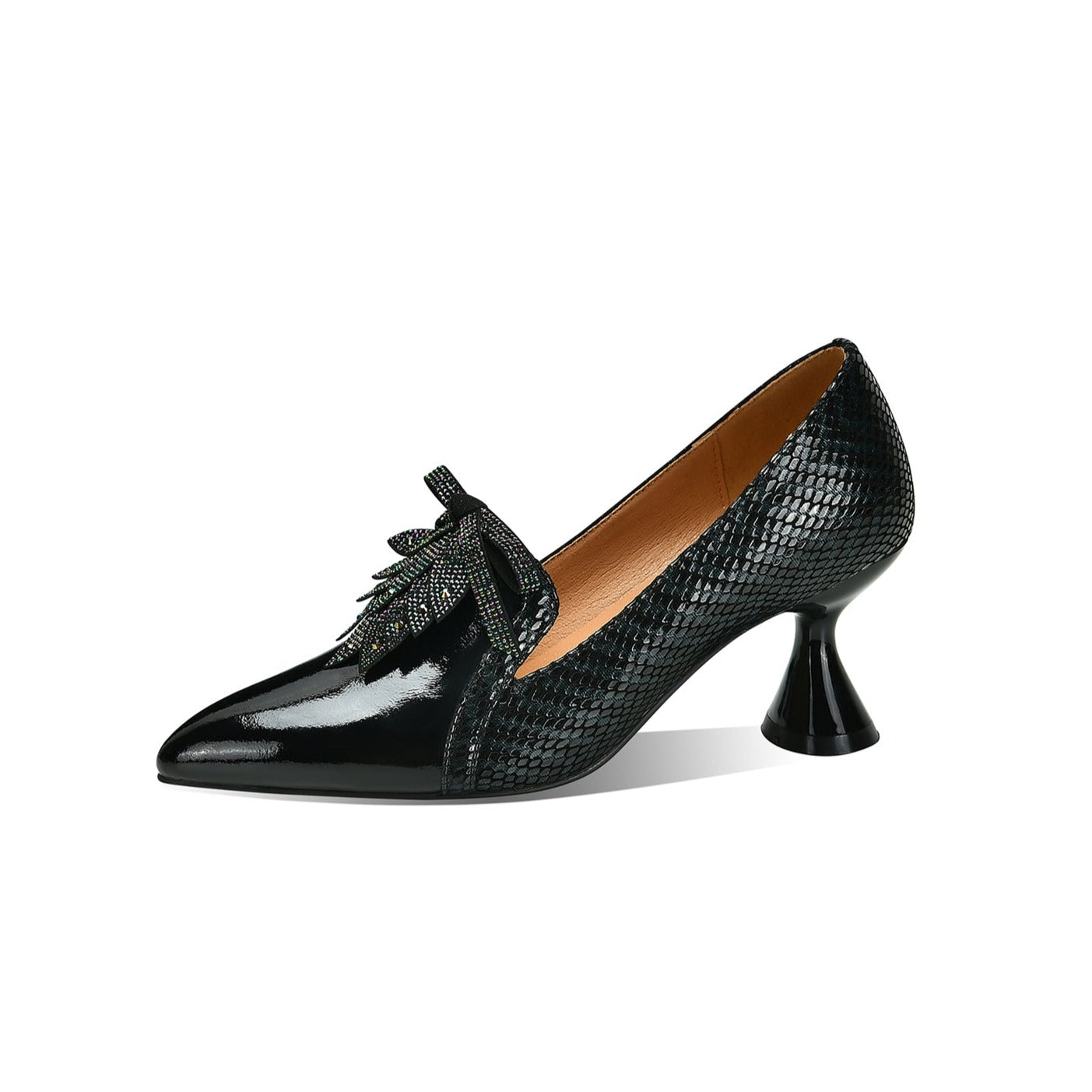 Nine Seven Handmade Women's Glossy Genuine Leather Snakeskin Slip On Pointed Toe Mid Spool Heel Pumps Shoes