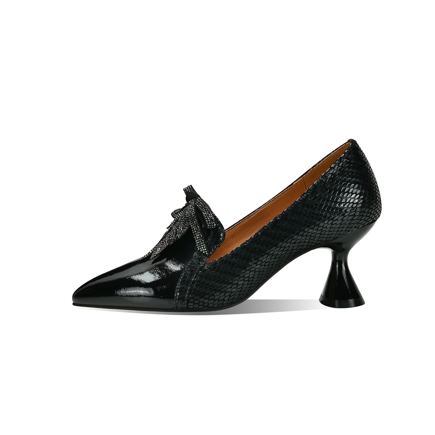 Nine Seven Handmade Women's Glossy Genuine Leather Snakeskin Slip On Pointed Toe Mid Spool Heel Pumps Shoes