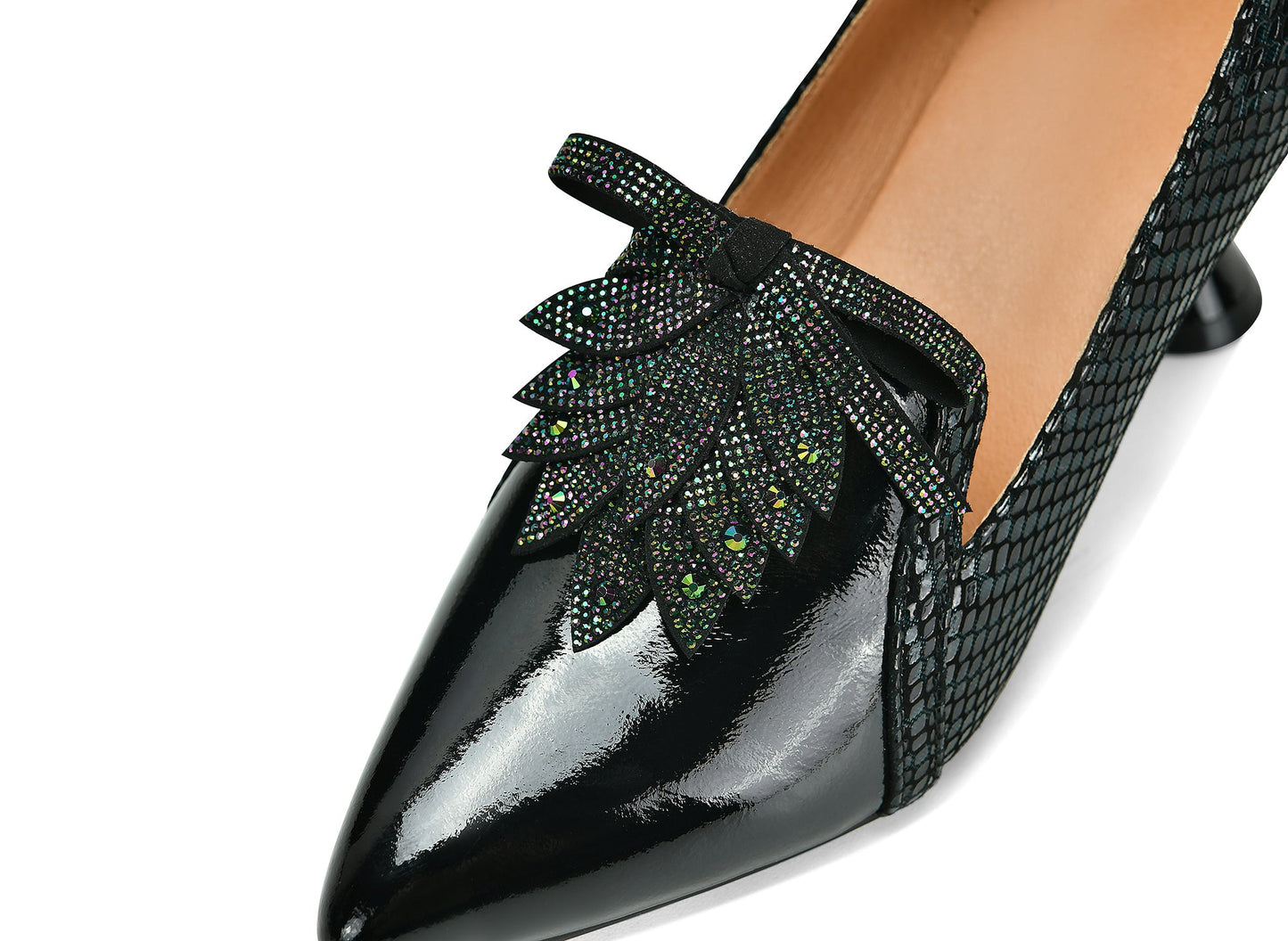 Nine Seven Handmade Women's Glossy Genuine Leather Snakeskin Slip On Pointed Toe Mid Spool Heel Pumps Shoes