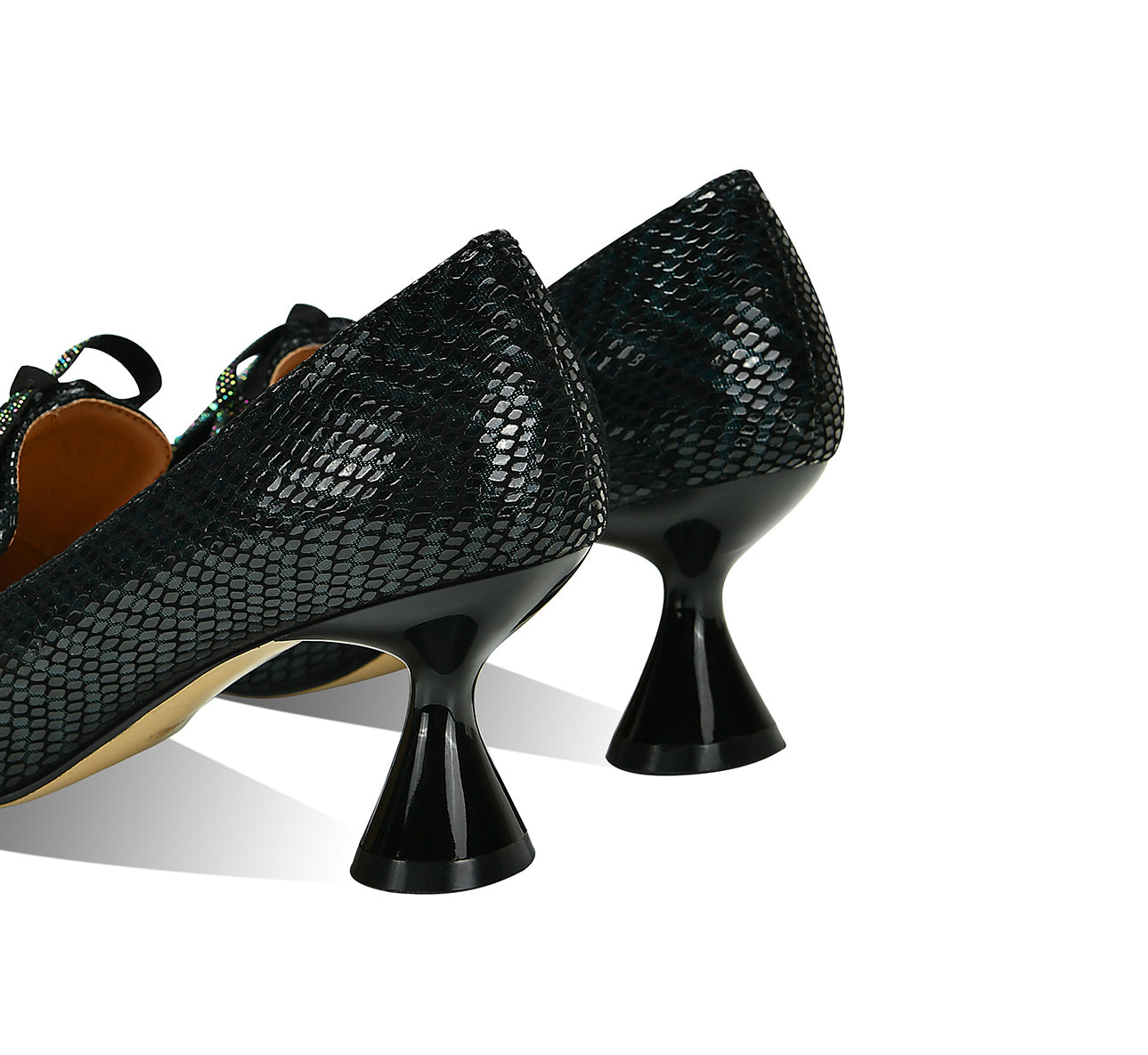 Nine Seven Handmade Women's Glossy Genuine Leather Snakeskin Slip On Pointed Toe Mid Spool Heel Pumps Shoes