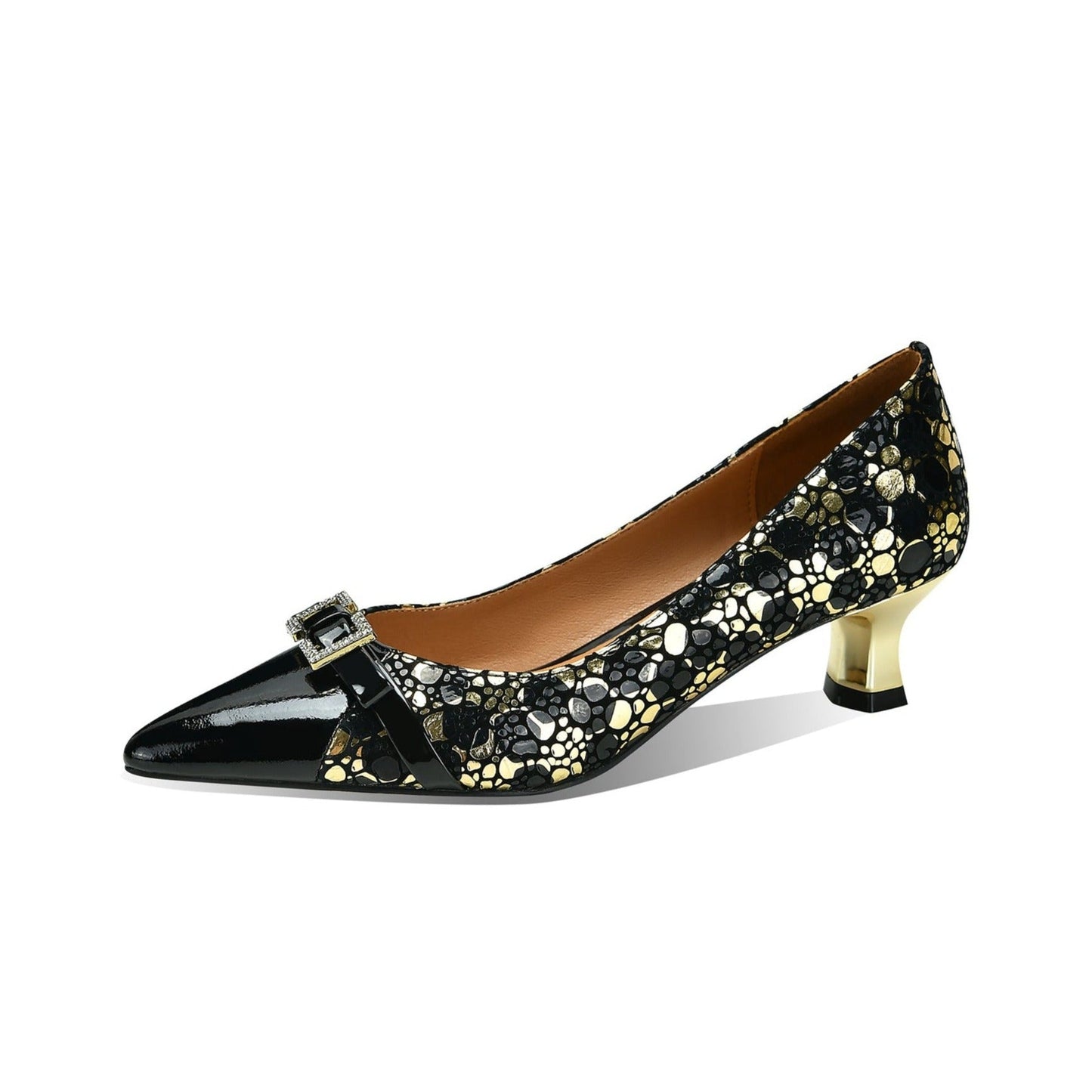 Nine Seven Women's Handmade Genuine Leather Patent Pointed Toe Modern Buckle Slip On Comfort Heel Pumps