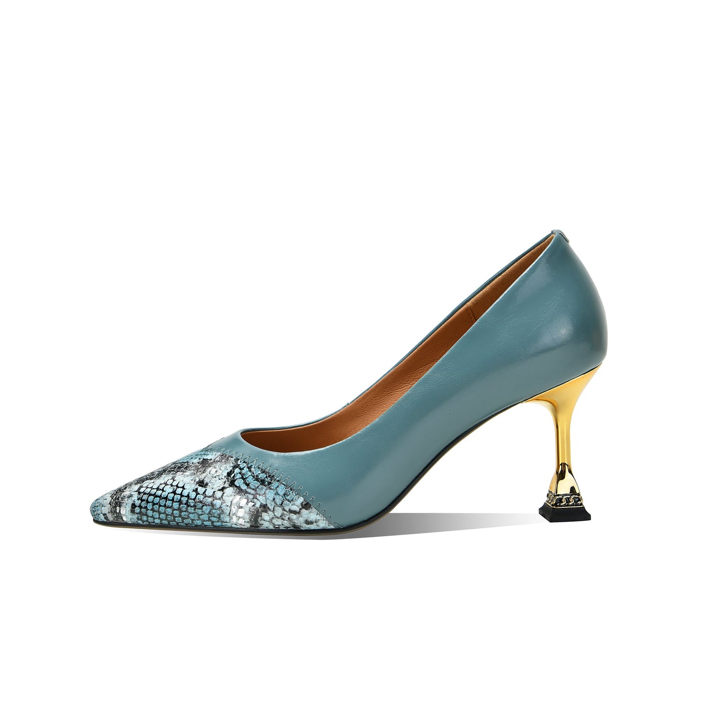 Nine Seven Women's Pointed Toe Snakeskin Printed Genuine Leather Handmade Stiletto Mid Heels Stylish Pumps Shoes