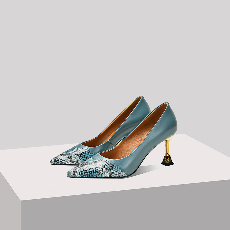 Nine Seven Women's Pointed Toe Snakeskin Printed Genuine Leather Handmade Stiletto Mid Heels Stylish Pumps Shoes