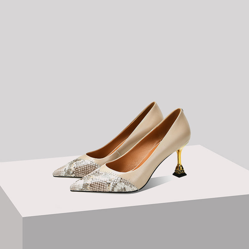 Nine Seven Women's Pointed Toe Snakeskin Printed Genuine Leather Handmade Stiletto Mid Heels Stylish Pumps Shoes