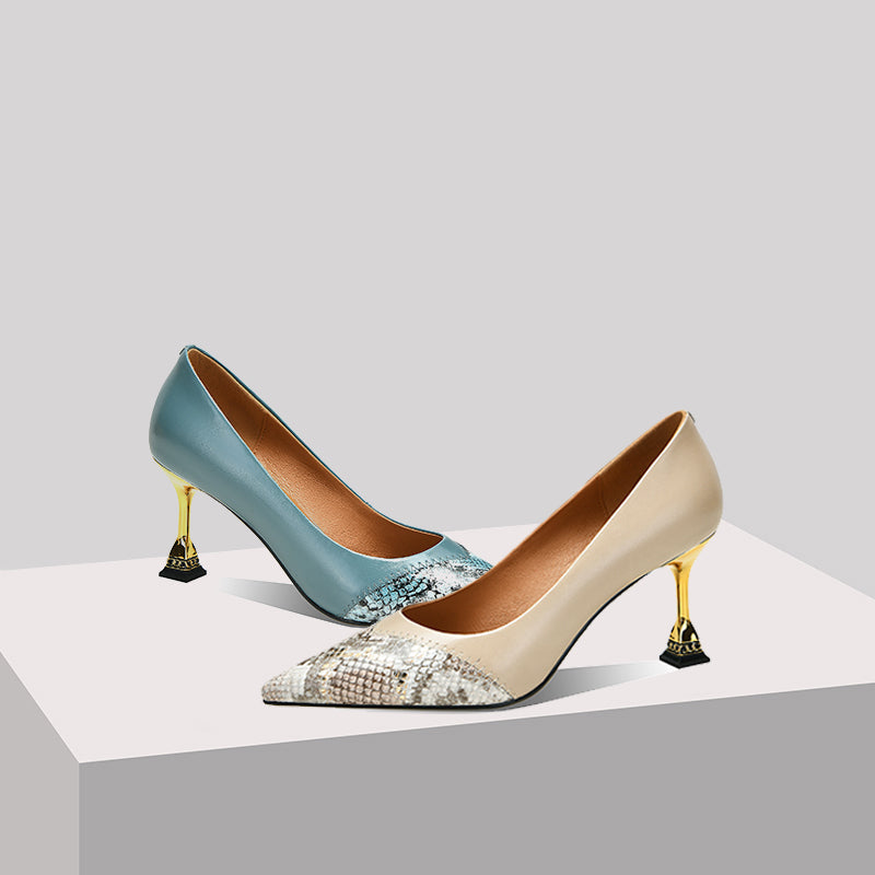 Nine Seven Women's Pointed Toe Snakeskin Printed Genuine Leather Handmade Stiletto Mid Heels Stylish Pumps Shoes