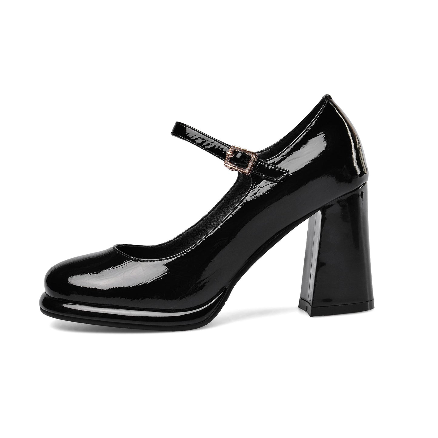 Nine Seven Women's Patent Leather Rouns Toe Handmade Buckle Belt High Chunky Heel Trendy Pumps Shoes