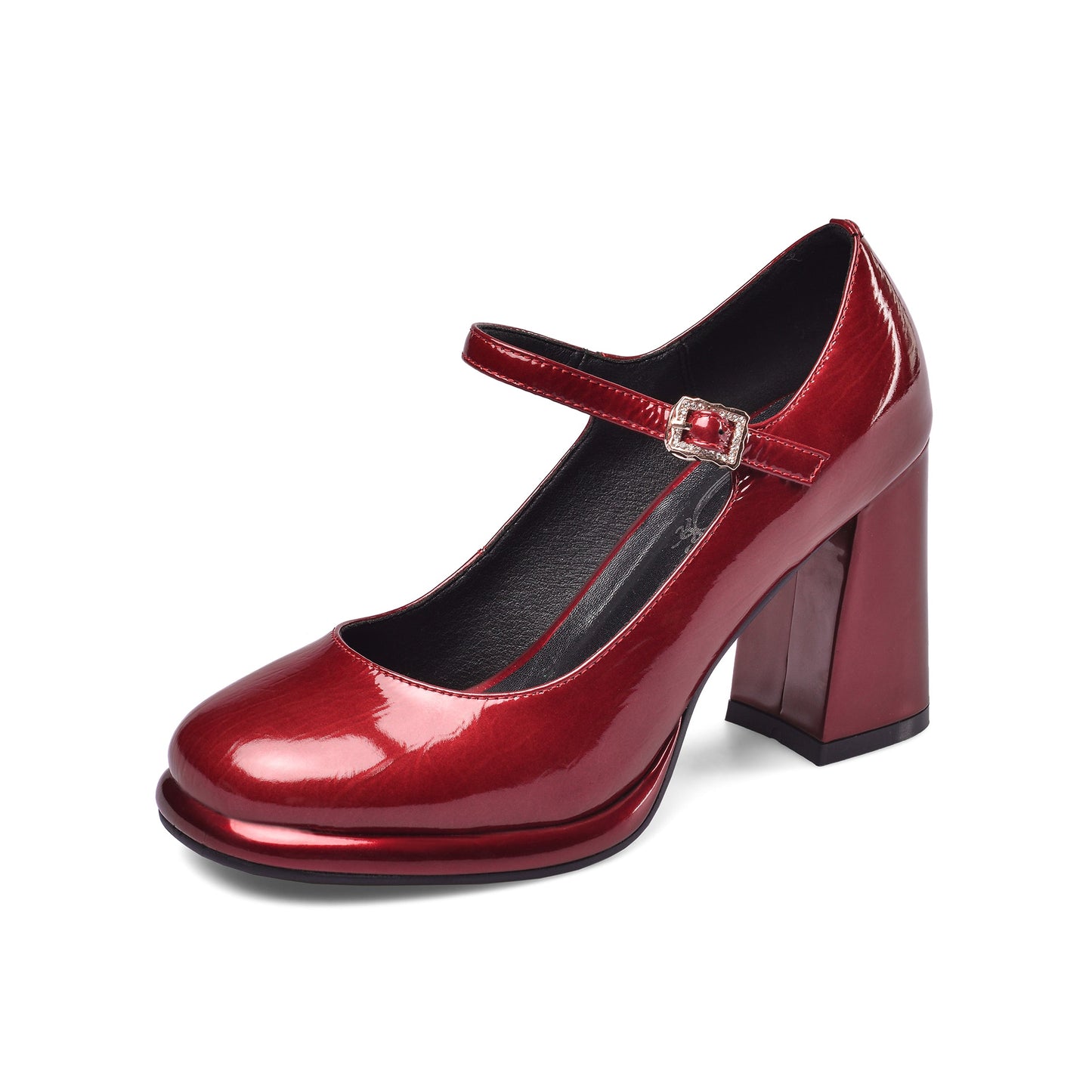Nine Seven Women's Patent Leather Rouns Toe Handmade Buckle Belt High Chunky Heel Trendy Pumps Shoes