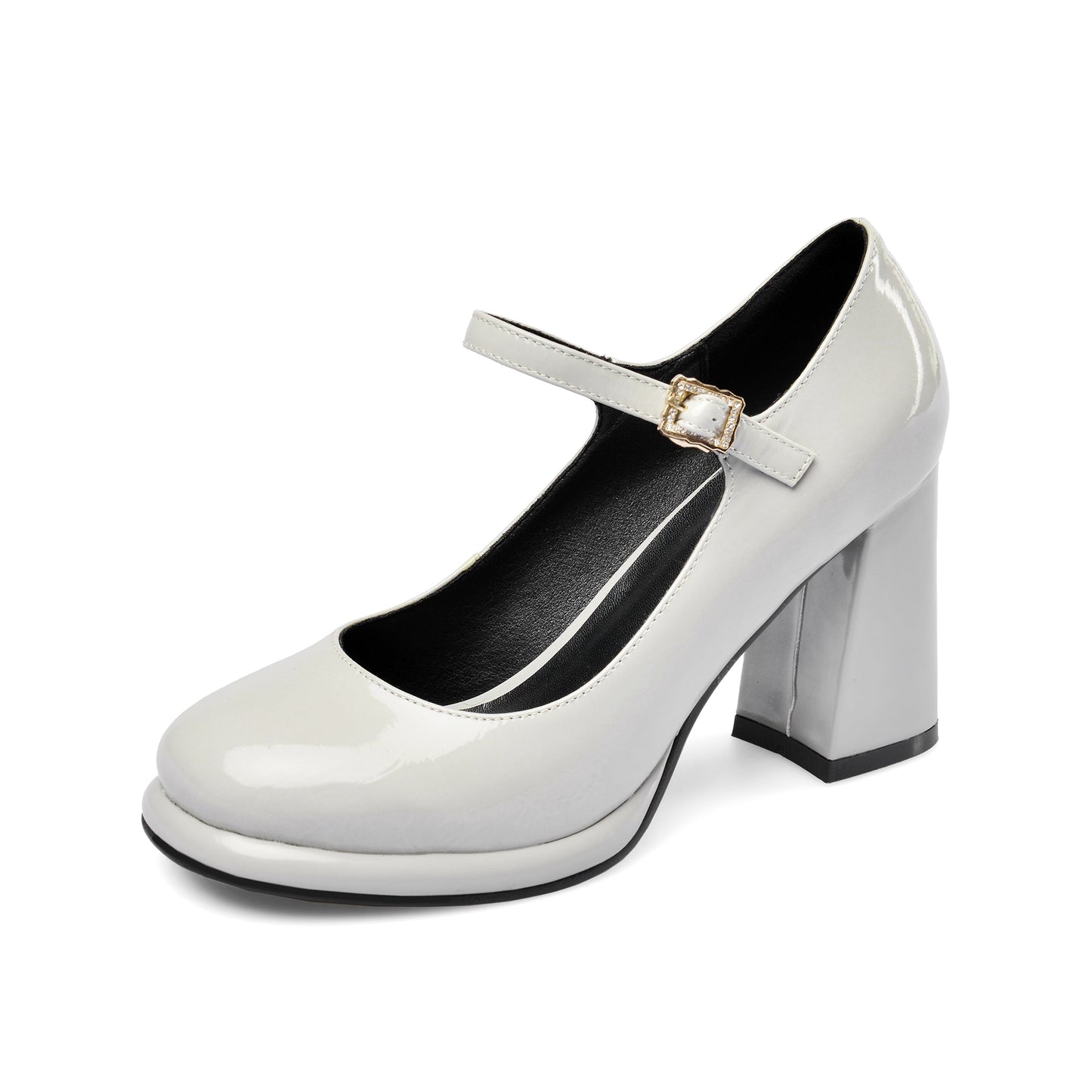 Nine Seven Women's Patent Leather Rouns Toe Handmade Buckle Belt High Chunky Heel Trendy Pumps Shoes