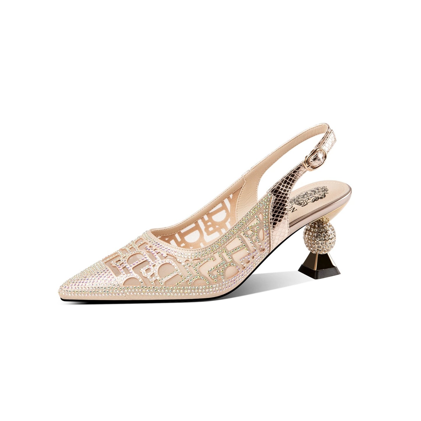 Nine Seven Leather Mesh Handmade Women's Pointed Toe Mid Heel Buckle Rhinestone Slingback Sandal Shoes