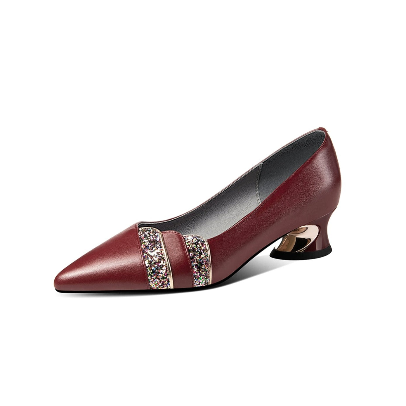 Nine Seven Women's Handmade Genuine Leather Spool Heel Pointed Toe Glitter Loafer Pumps