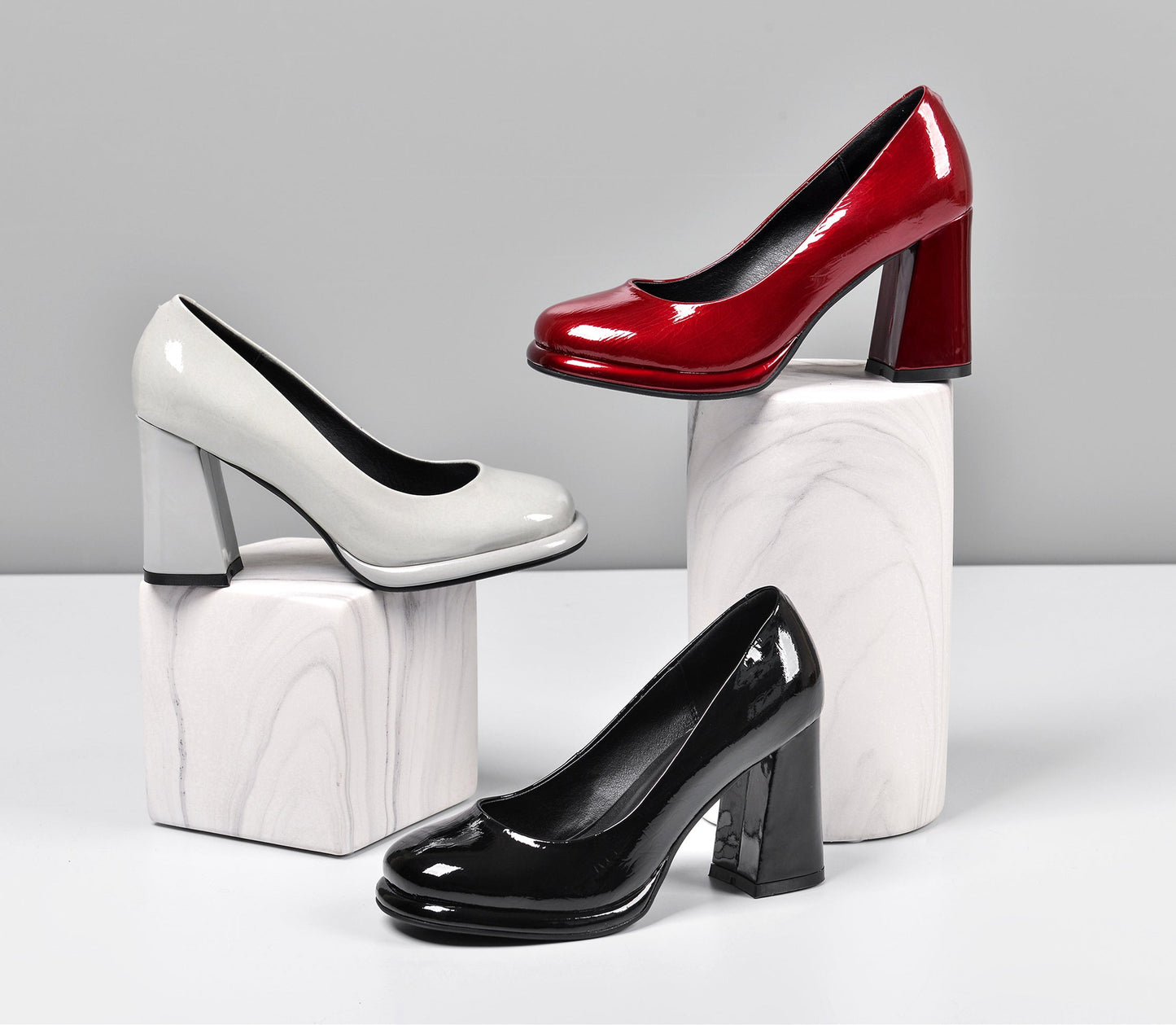 Nine Seven Women's Patent Leather Round Toe Handmade High Chunky Heels Slip On Pumps Shoes